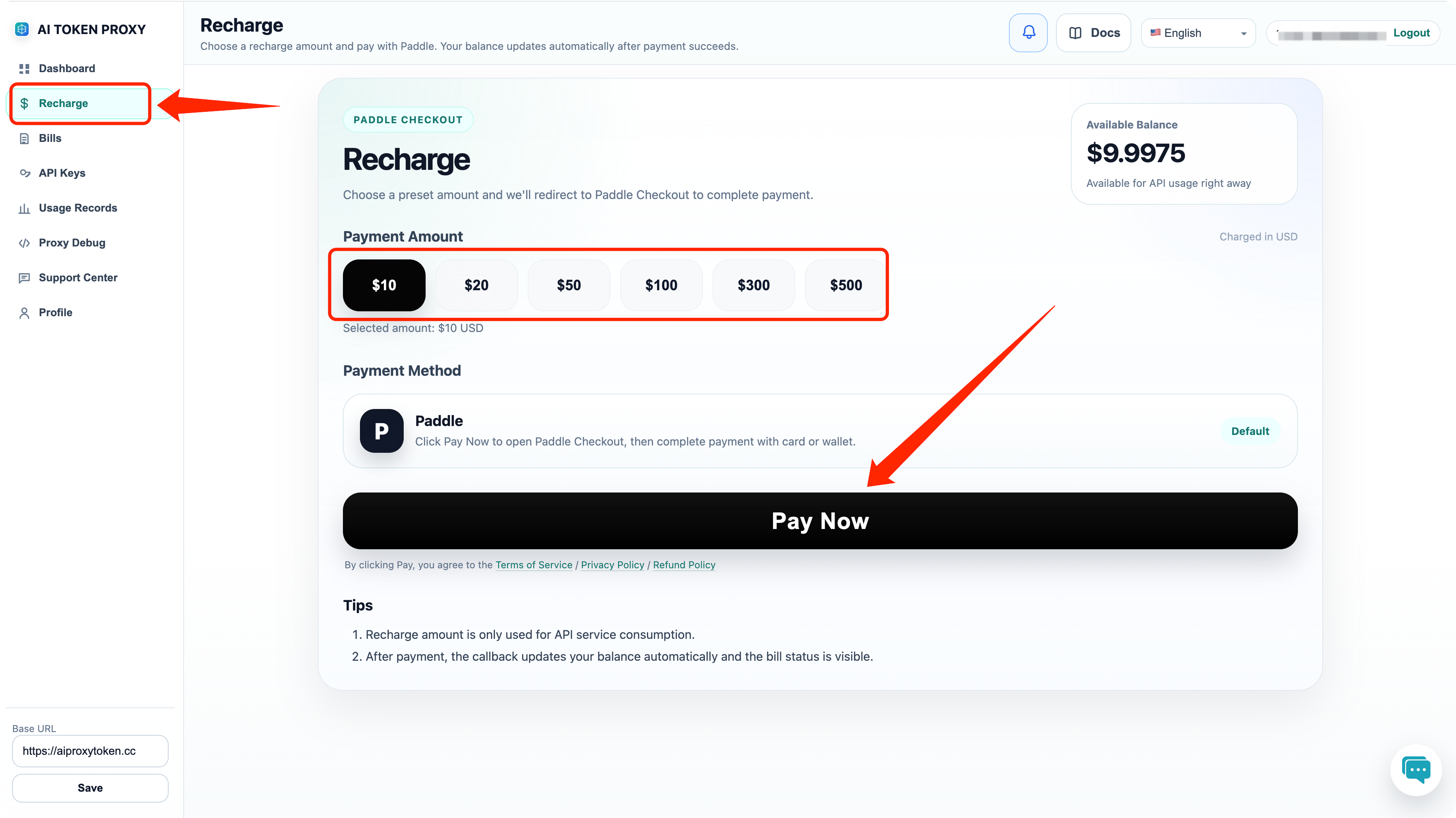 AI Token Proxy recharge page