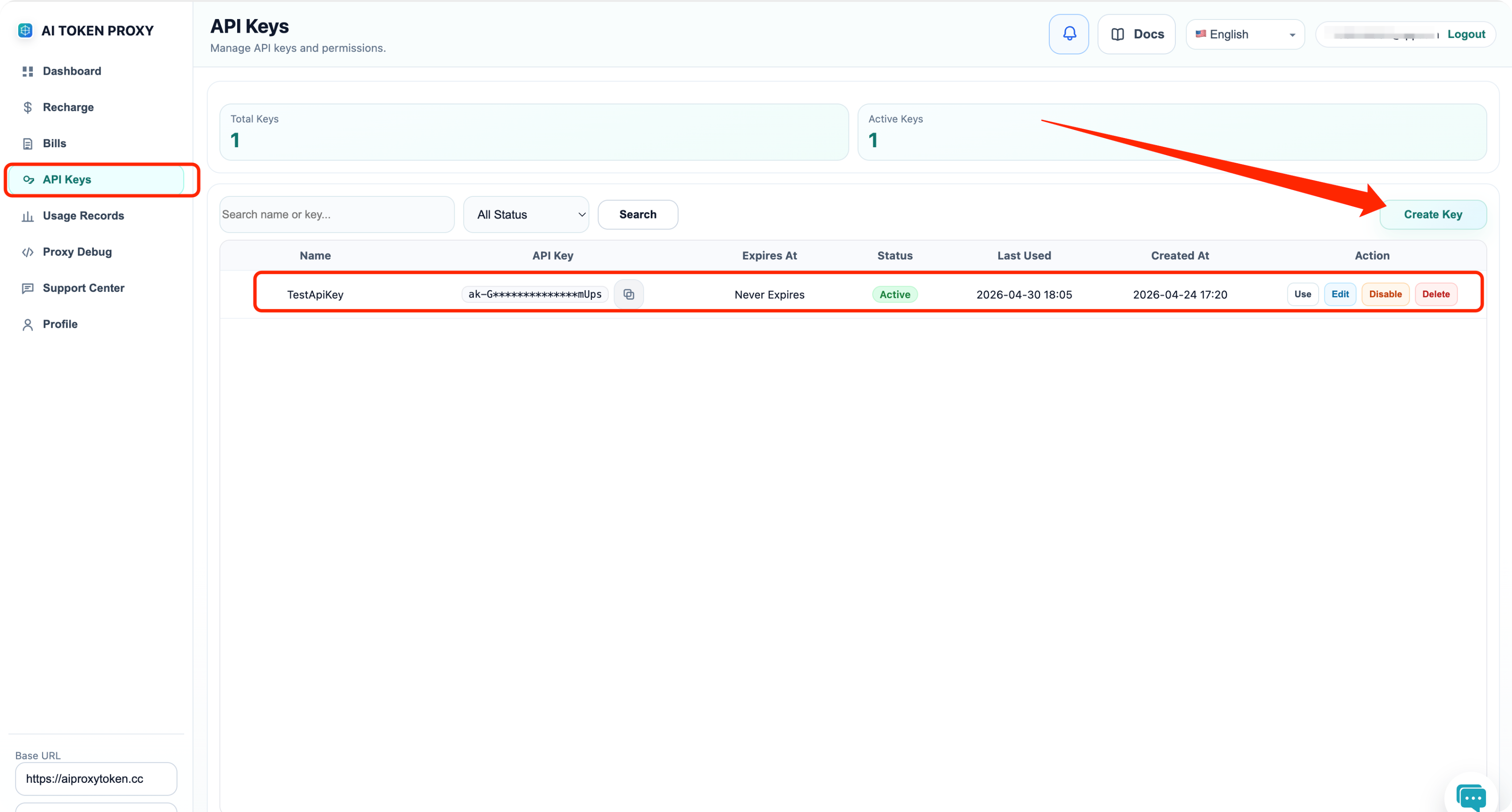 AI Token Proxy API keys page